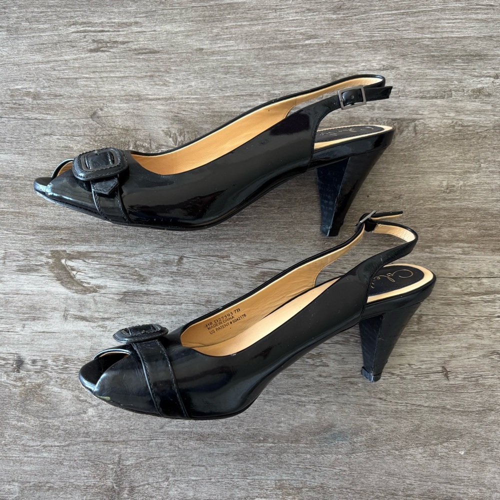 VTG Cole Haan Heels Black Slingback Peep Toe Patent Leather US 7 Retro Classic